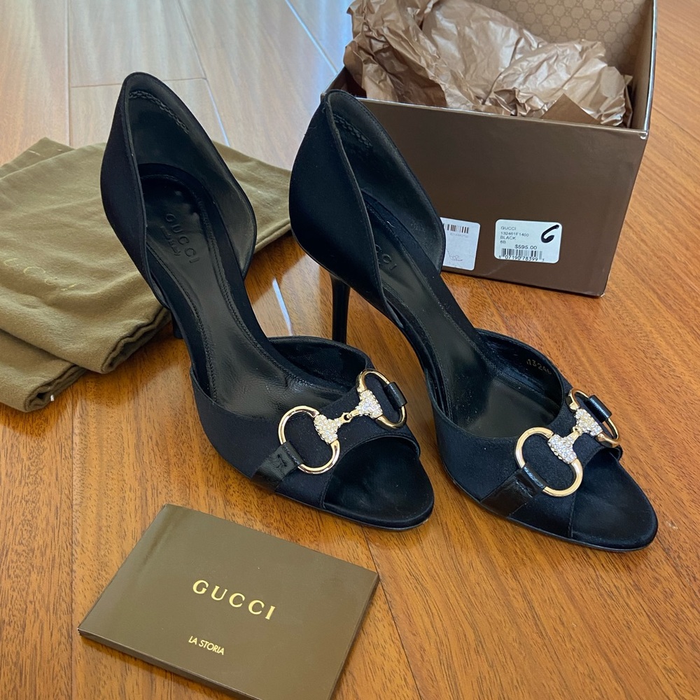 Gucci New Hollywood Black Open Toe Heels with Gold & Rhinestones 🔥